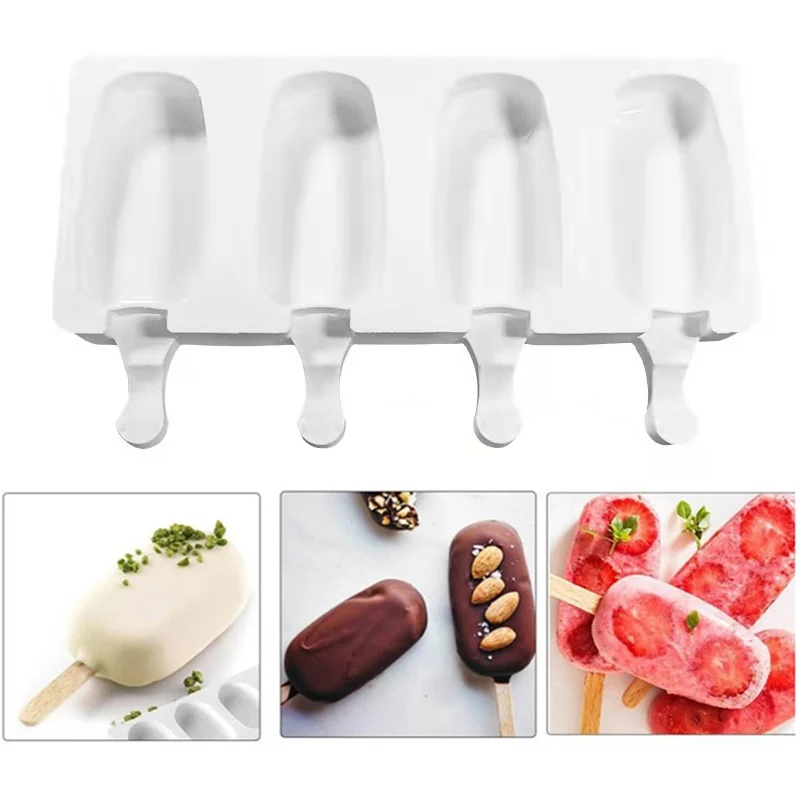 

Silicone Ice Cream Mold with 20 Wood Sticks DIY Dessert Mould with 4 Cells Ice Maker for Home Kitchen FPing