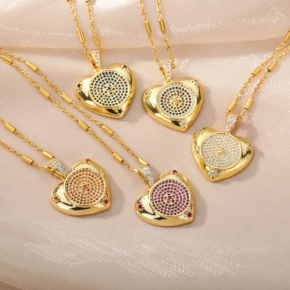 

New Design Fashion Heart Pendent Necklace For Women Stainless Steel Chain Lovers Heart Necklaces Zirconia Stone Rainbow Jewelry