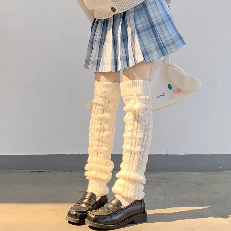 

White Kawaii Leg Warmer for Women Winter Long Loose Boots Stockings Cute Boll Girl Uniform Cosplay Accessories Knitted Stock 414