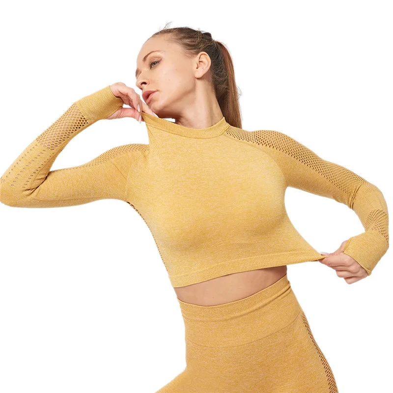 Beelion Сексуальная пустотелая тонкая бесшовная футболка с длинным рукавом для йоги
