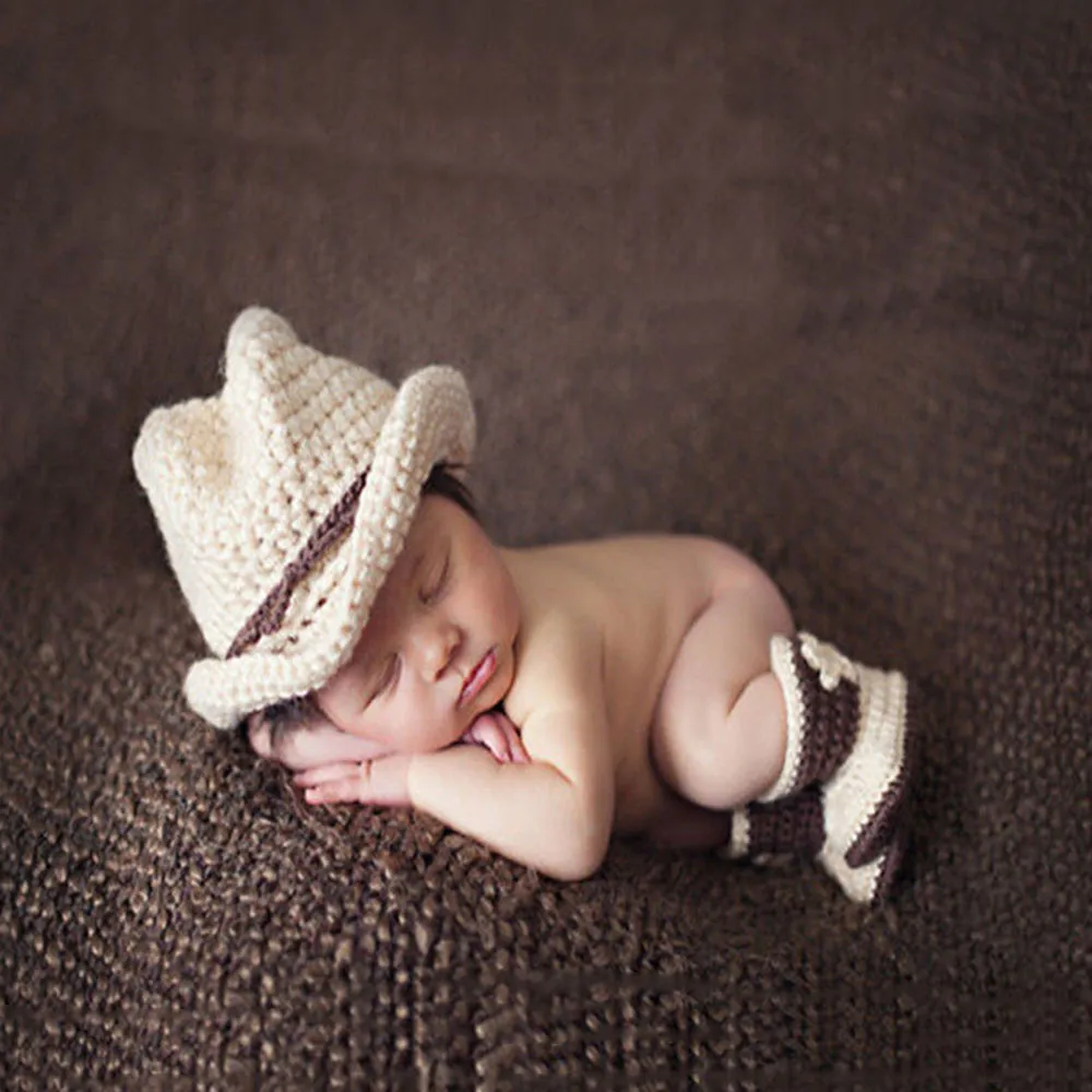 2pcs Newborn Woolen Knitted Clothing Western Cowboy Children's Full Moon Baby Hundred Days Photo Set