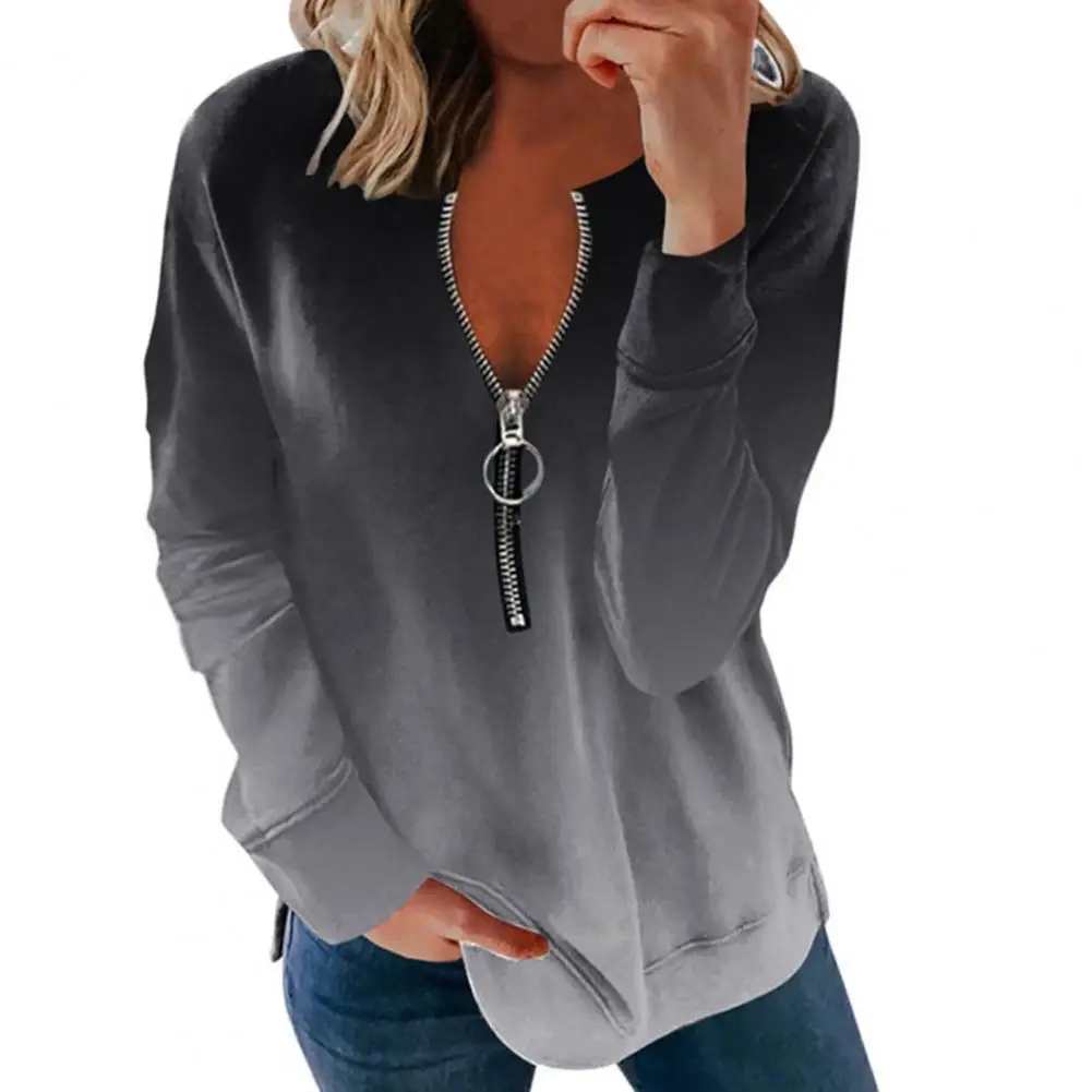 

Gradient Color Women Blouse Zipper V-Neck Soft Long Sleeve Loose Autumn Blouse Ladies Pullover Clothing Tops Streetwear