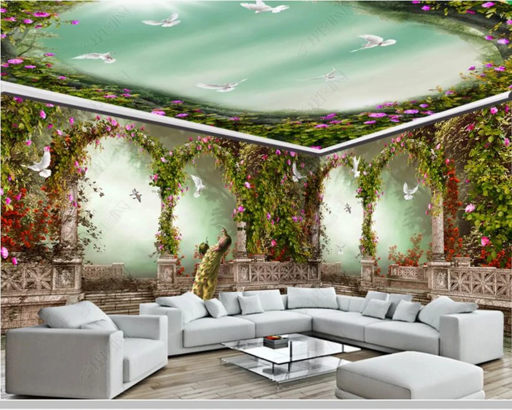 

Papel de parede Fantasy Arch Roman Column Flower Peacock 3d wallpaper mural,living room tv wall bedroom wall papers home decor