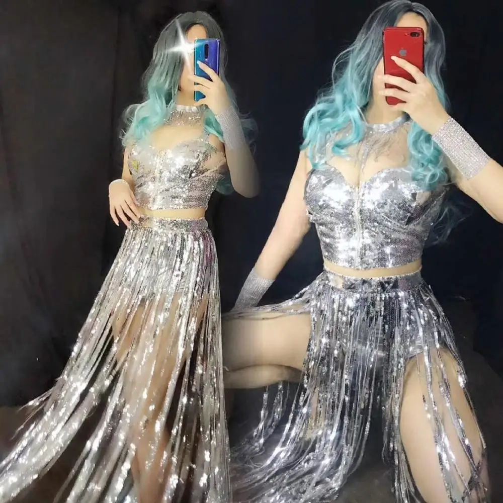 Женский комплект бикини с серебряными блестками и кисточками танцевальный