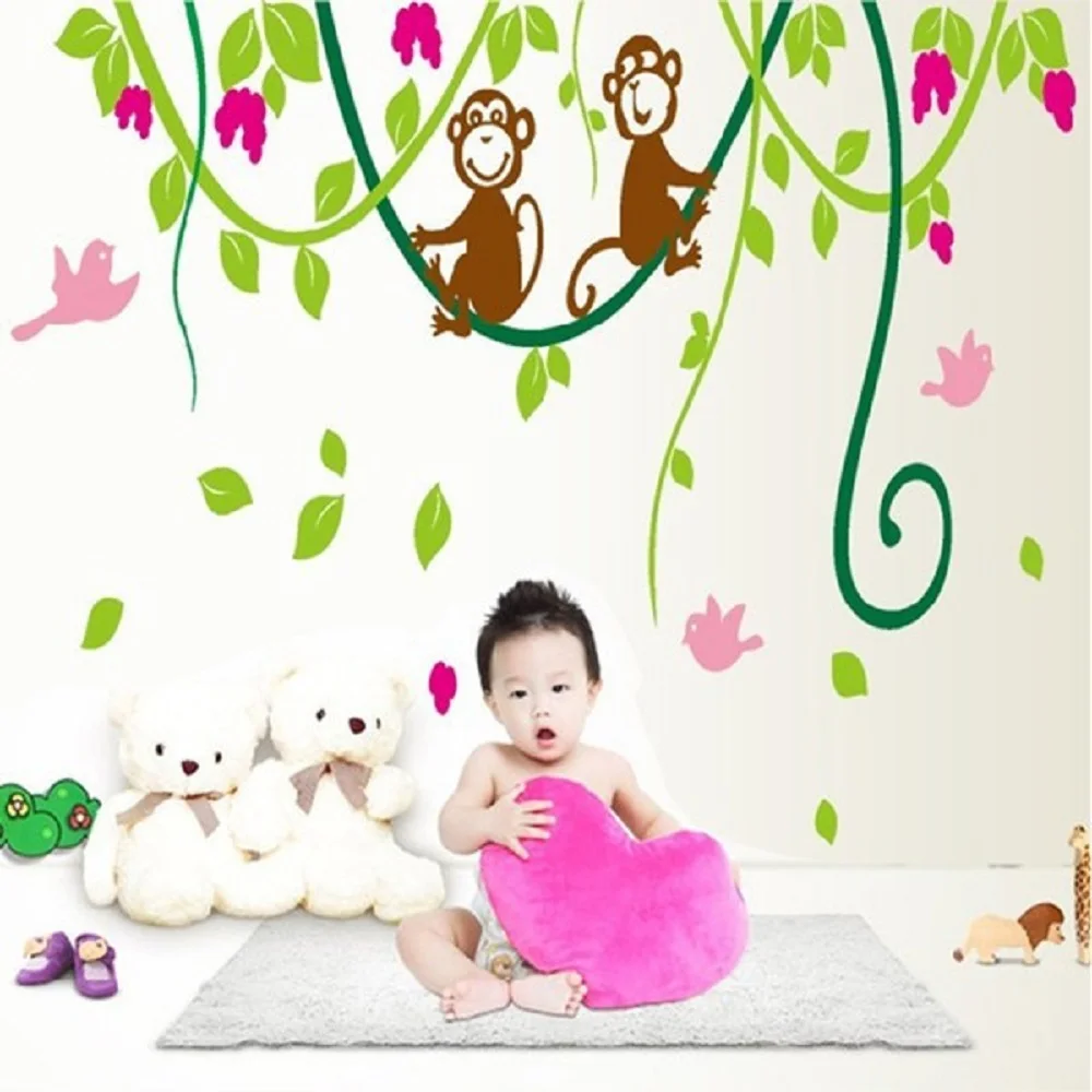 

LP Cartoon Dream Baby Monkey Wall Sticker Tree Wall Decals for Kids rooms Home Decoration Nursery Monkey Birds Wallpaper AY9012