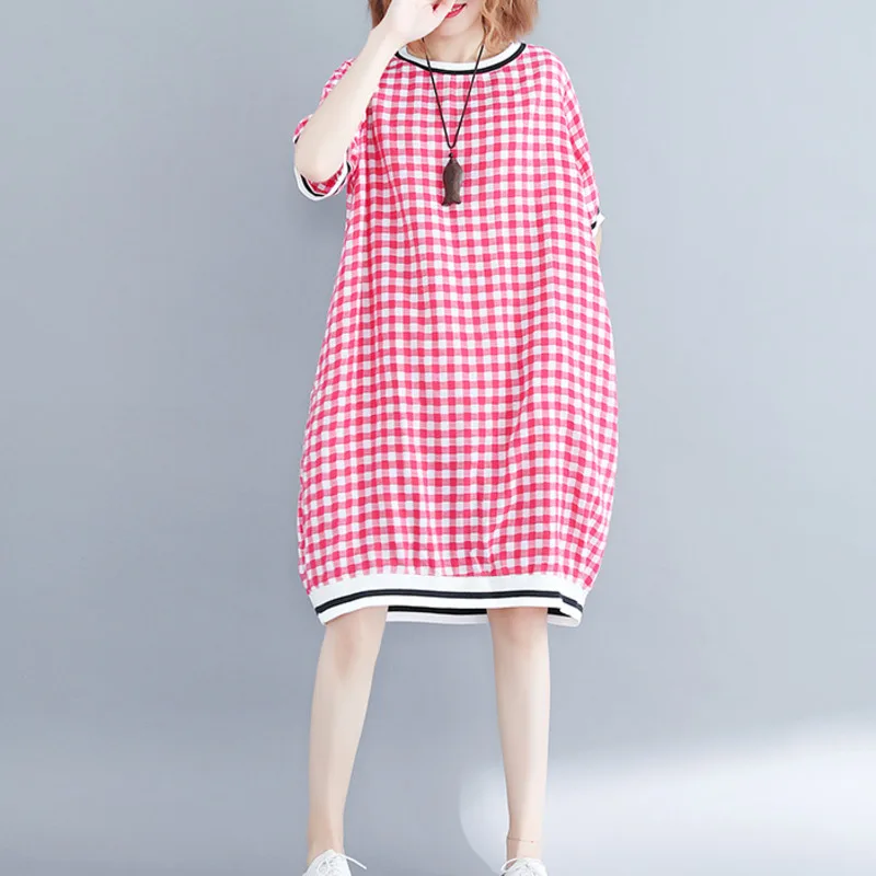 #0110 летнее повседневное красное/синее клетчатое платье женское свободное