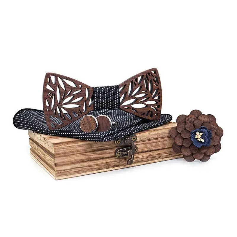 

Men Women Wooden Bowtie Square Scarf Wood Carved Hollow Cufflinks Corsage Set 2XPC