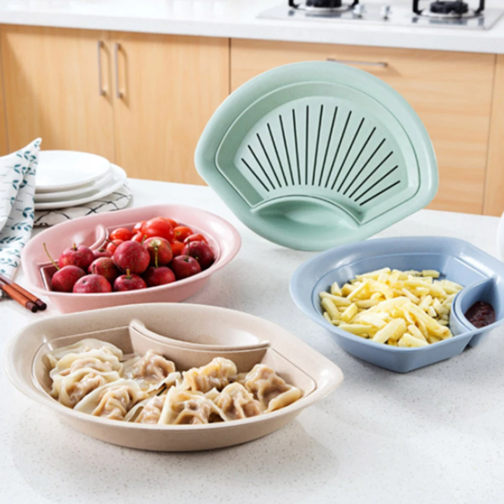 

Wheat Straw Fan-shaped Dumpling Plate Double-layer Drain Plate With Vinegar Dish Dumpling Plate Fruit Plate