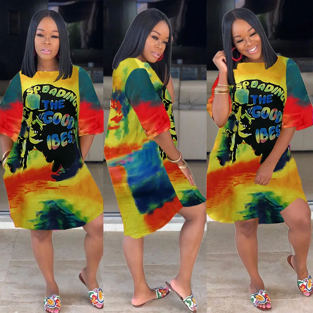 

S-XXL Women's Casual Short Sleeve African Graffiti Letter Print Summer Loose Fit Party Short T Shirt Dress