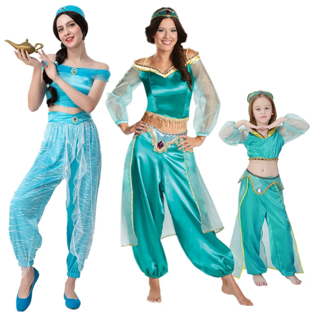 Women Girl Sexy Goddess GENIE Jasmine Princess Dress Purim Halloween Costume Adult Kids Arabian Belly Dancer Cosplay Clothing