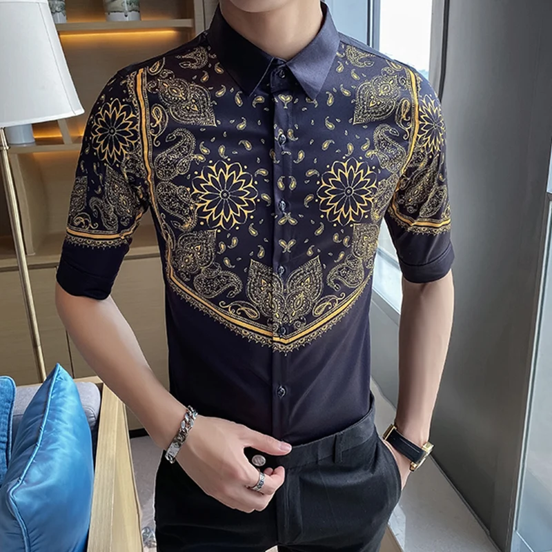 

High Quality Shirts Men Vintage Print Business Shirt Half Sleeve Formal Dress Shirts Social Party Casual Male Clothing Tops 2021