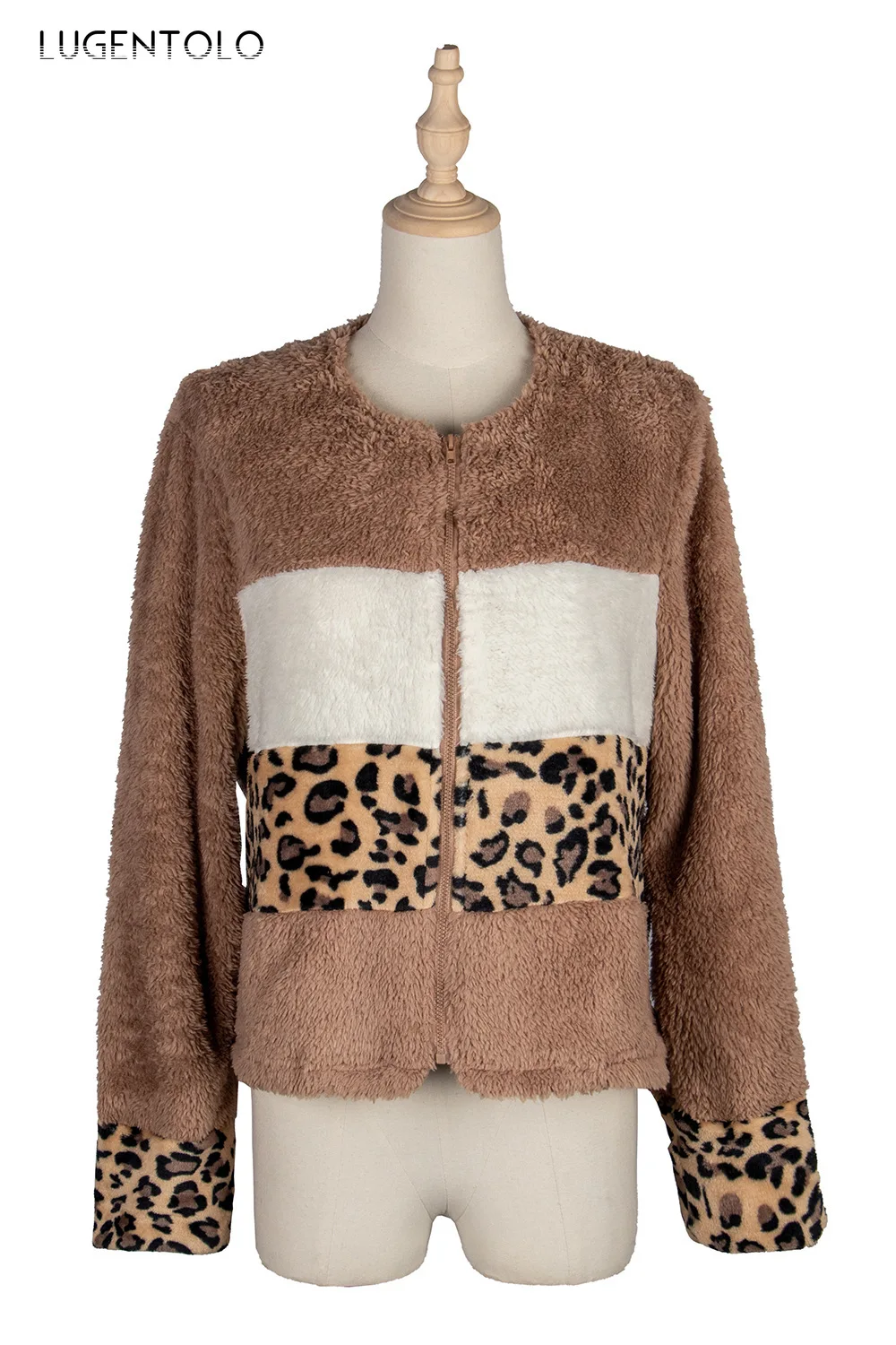 

Lugentolo Women's Jacket Stitching Leopard Zip Autumn Casual Flocking Coat Female Long Sleeve Slim Fashion New Jackets