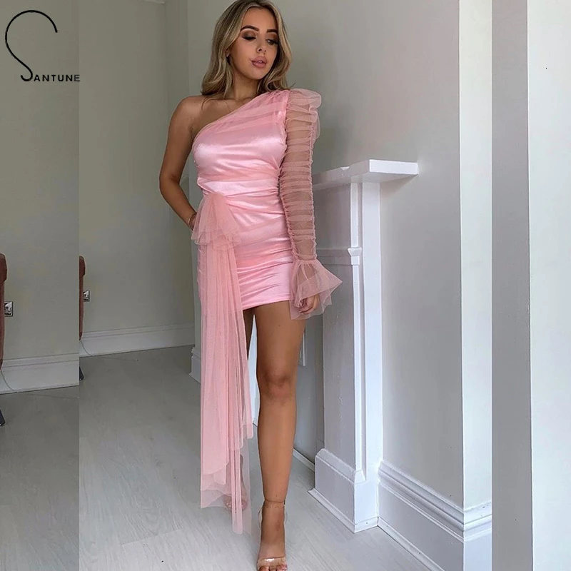 Женское Сетчатое платье с пышными рукавами Santune Осеннее облегающее драпировкой и