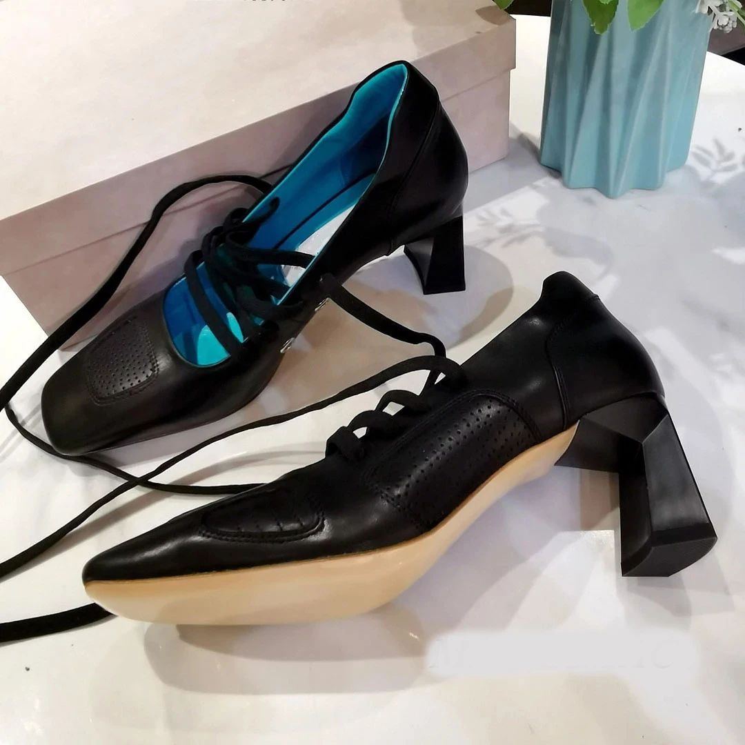 

British style white lace-up casual high-heeled shoes women's leather square toe thick-heel comfortable and breathable sandals