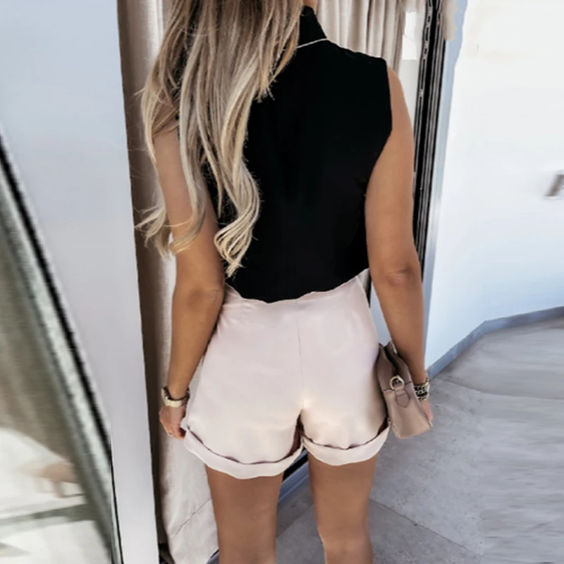 

Women Elegant Turtleneck Shoulder Pad Solid Shirt Pullover Casual Sleeveless Summer Shirts Blouse Sexy Office Ladies Tops Blusas