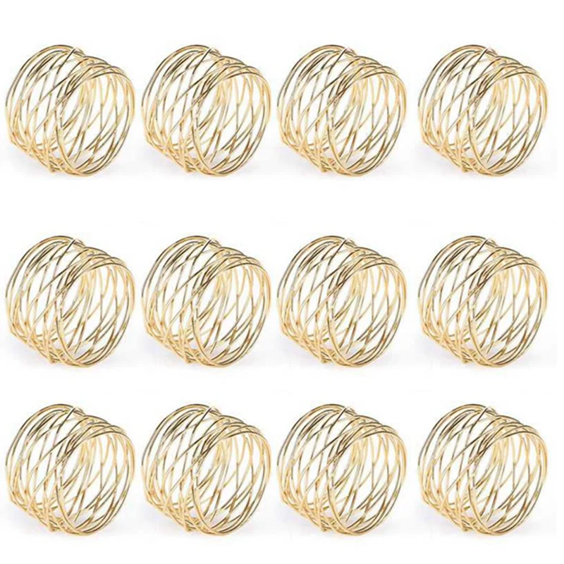 

12Pcs Hotel Gold Wire Mesh Napkin Ring Mouth Ring Metallic Napkin Buckle Table for Wedding Birthday Easter Thanksgiving