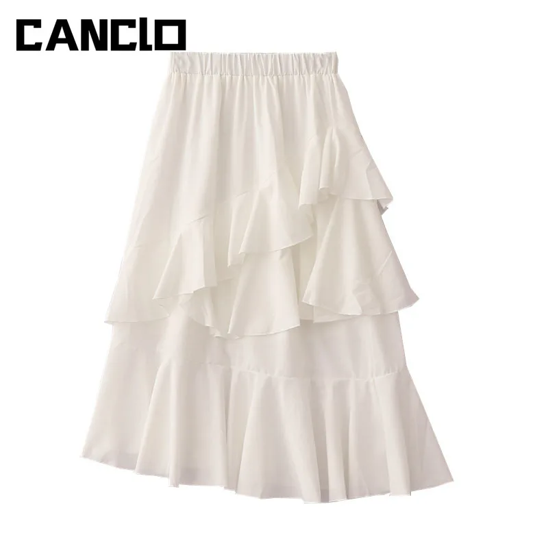 

Spring Summer Ruffle Long Skirts For Women Vintage High Waist Elastic Patchwork White Black Chic A Line Y2k Skirt High Fashion