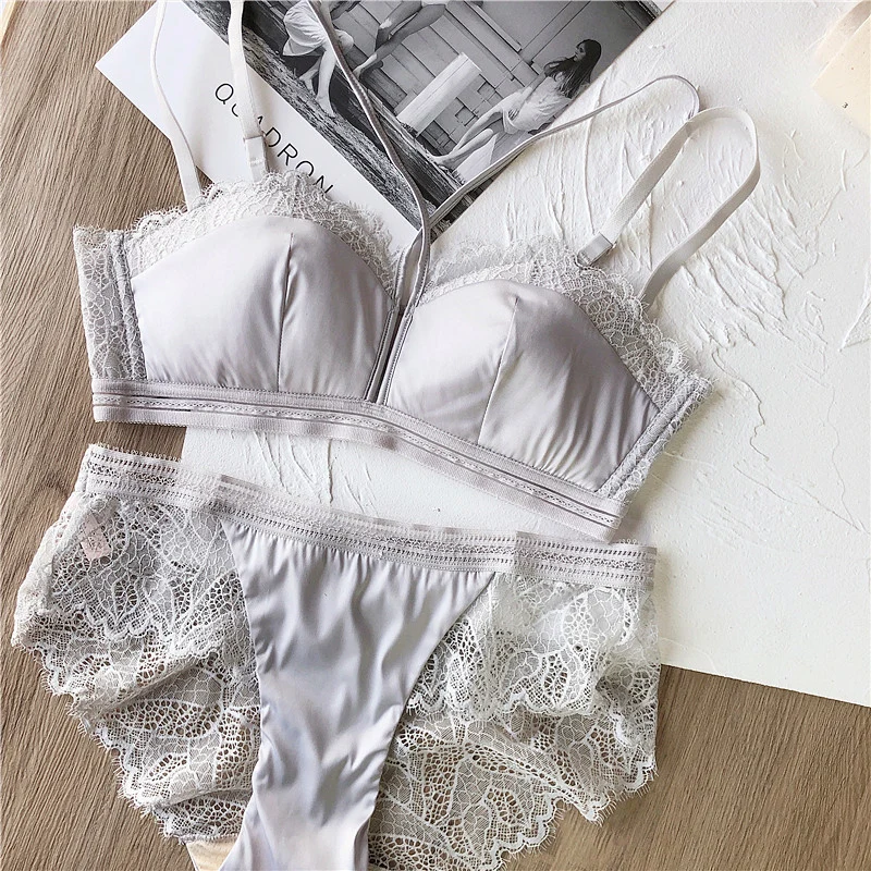 women lace sexy bra set intimates hollow out half cup lingerie thin cotton cup temptation panty briefs silk wire free underwear