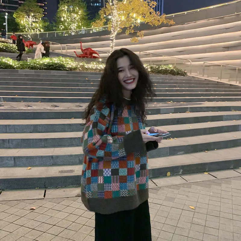 

Sweater Women's Pullover Loose and Lazy Style Sweater Is Suitable for Women To Thicken and Wear Retro Color Contrast Lattice