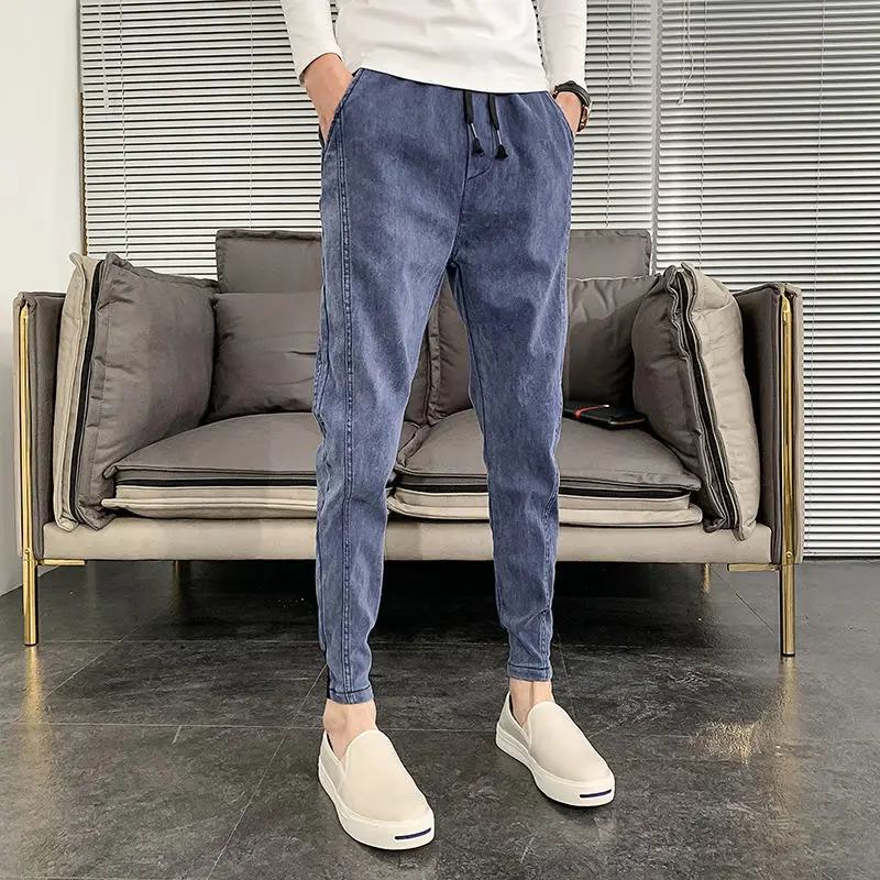 

2021 New solid-colored slim-footed denim trousers men's trend summer Harun pants