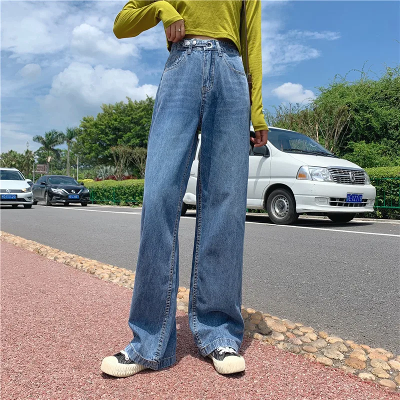 Женские джинсовые брюки с высокой талией повседневные синие прямые длинные в