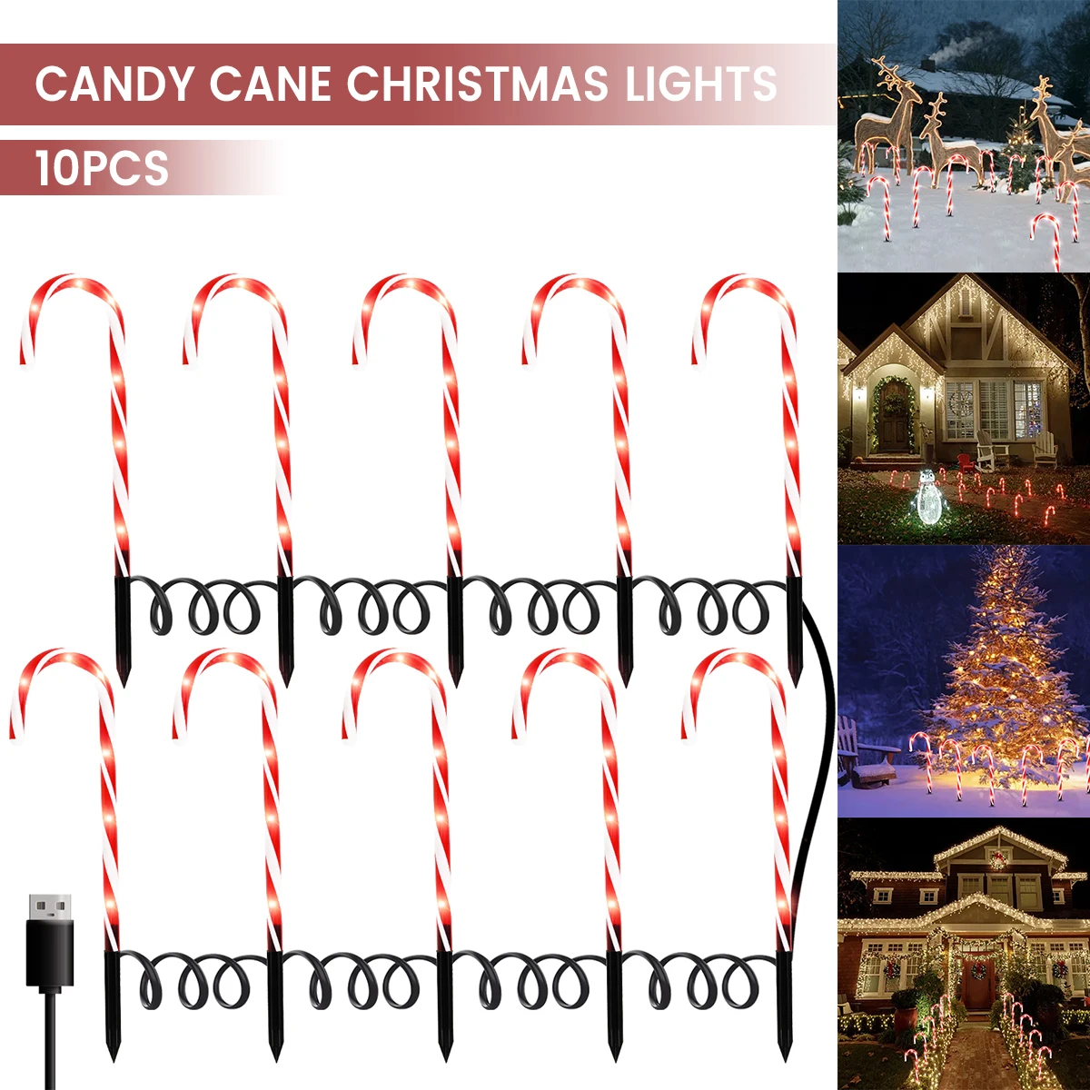 

10pcs Christmas Candy Cane Light Waterproof Outdoor Decoration Lights Pathway Marker Light USB Power Walkway Lamp Stakes Light