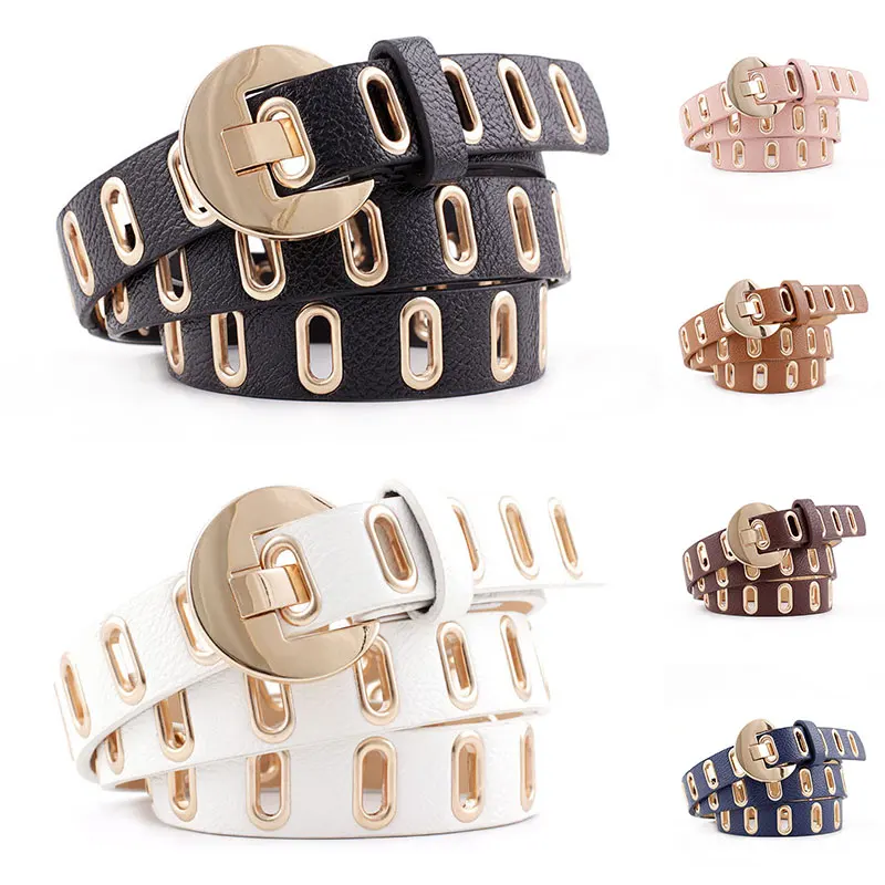 Ремень в стиле панк-рок Женский широкий кожаный пояс с золотой втулкой и