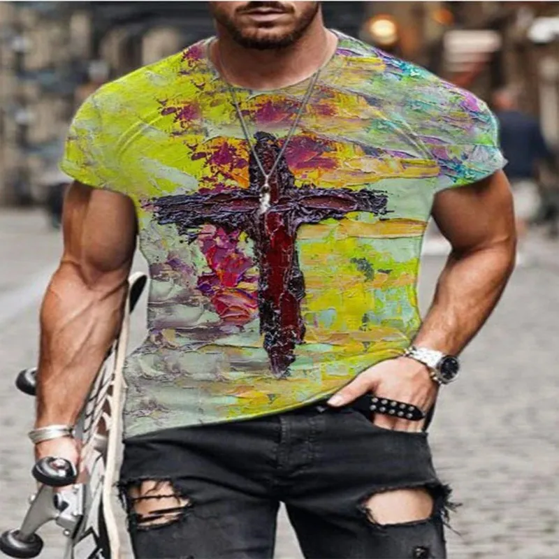 

2021 Amazon wish AliExpress new European and American men's faith cross print T-shirt street hipster shirt short sleeves