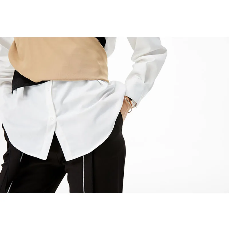 

2021 Autumn Women Blouses Fake Two Pieces Button Up Shirt Korean Fashion Plus Size Long Sleeve Tops Bow Patchwork 2002#