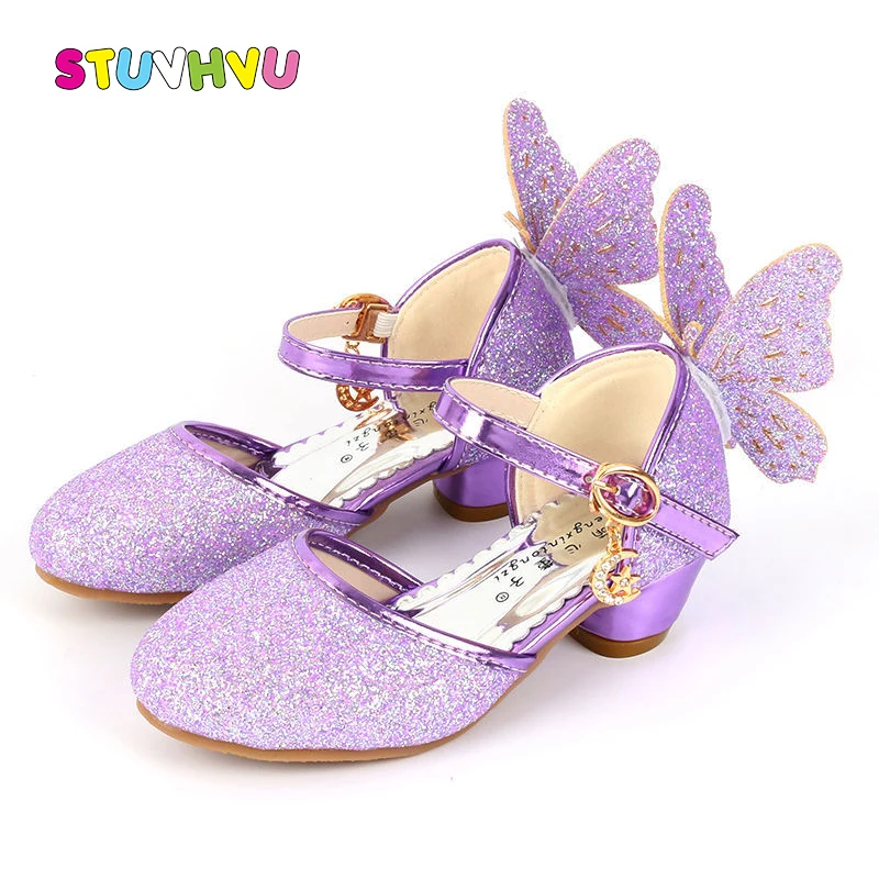 Summer Girls Shoes High Heels Sequin Leather Butterfly Children Princess Wedding Party Dance for Kids Sandals | Детская одежда и