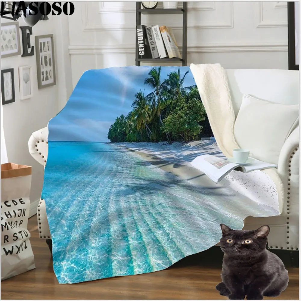 

3D Seaside Coconut Tree Luxury Blanket Bench Travel Bedding Set Bedspread Bohemian Art Deco blanket Plush Warm Sherpa Quilt