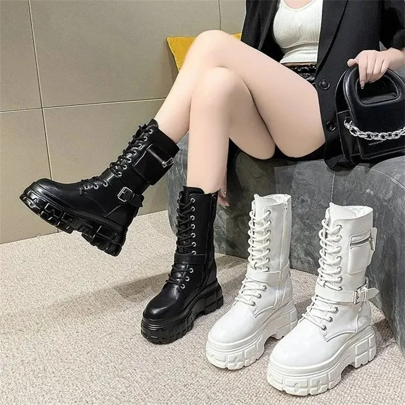 

Spring Women's Boots Lace Up Solid Color Thick Bottom High Top Personalized Handsome Versatile Sports Breathable Women's Boots