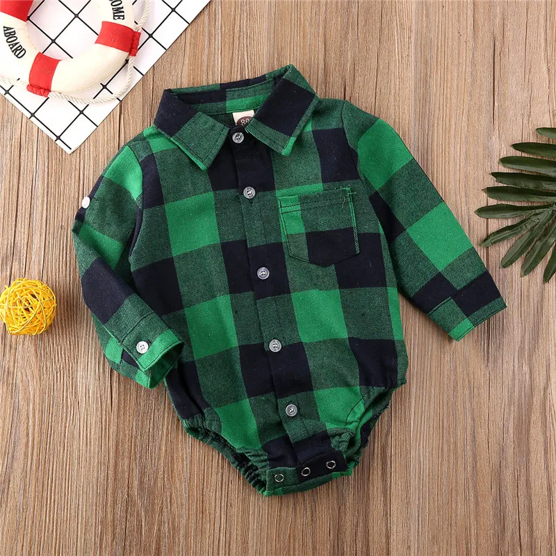 

0-24M Newborn Baby Girl Boy Romper Fall Spring Jumpsuit Clothes Christmas Plaid Print Single Breasted Cotton Rompers Outfits Set