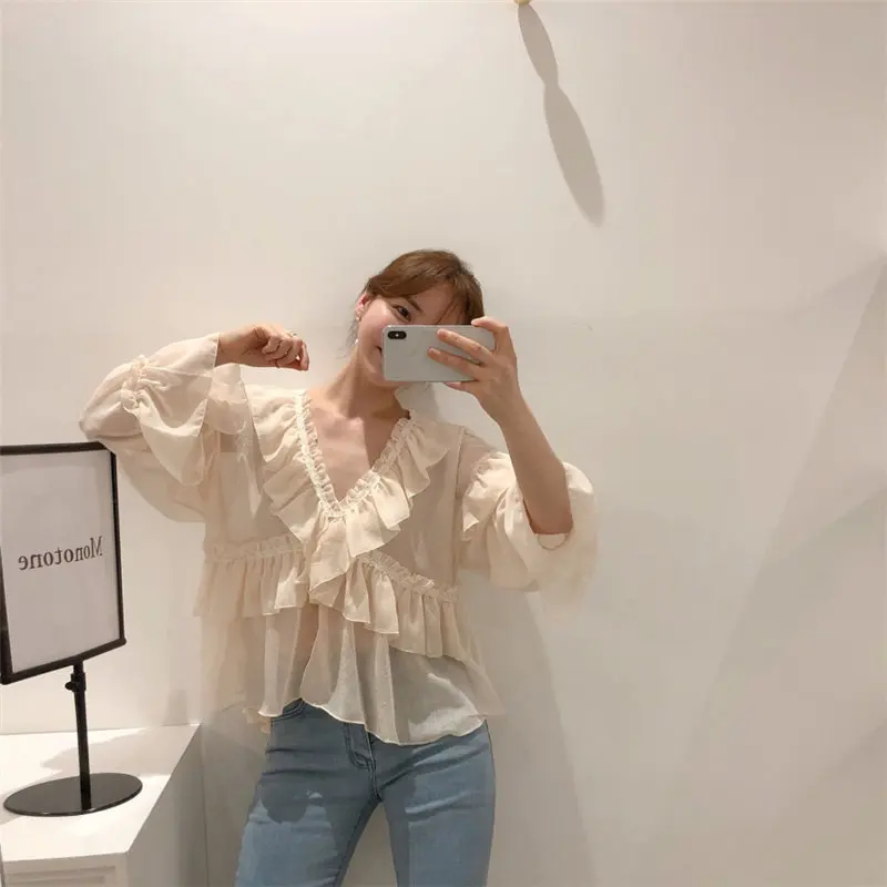 

Comelsexy Korean Ruffles Chic All Match Summer Loose 2021 Casual Tops V-Neck Hot Sweet Clothe Fashion Women New Solid Blouses