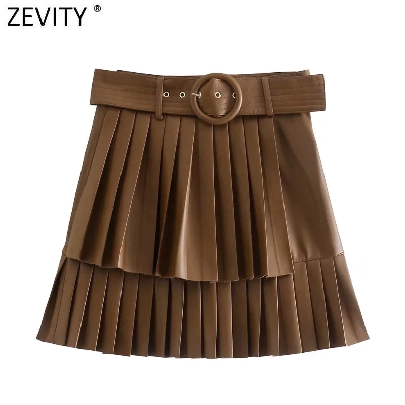 

Женская плиссированная мини-юбка Zevity из искусственной кожи с оборками, Женская шикарная приталенная юбка с поясом и боковой молнией, QUN922