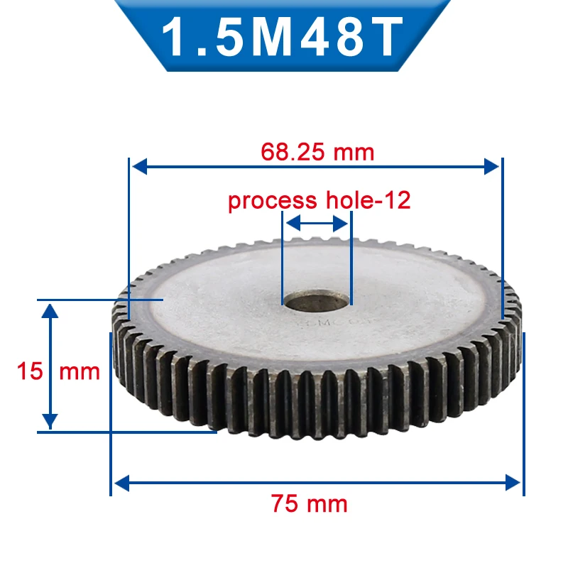 

1 Piece 1.5M Spur Gear 48/49/50/51 Teeth 12/14mm Process Hole Pinion Gear Low Carbon Steel Material Flat Gear Total Height 15mm