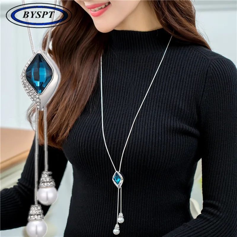 BYSPT Zircon Snowflake Long Necklace Sweater Chain Fashion Metal Crystal Rhinestone Flower Pendant Necklaces Adjusted | Украшения и