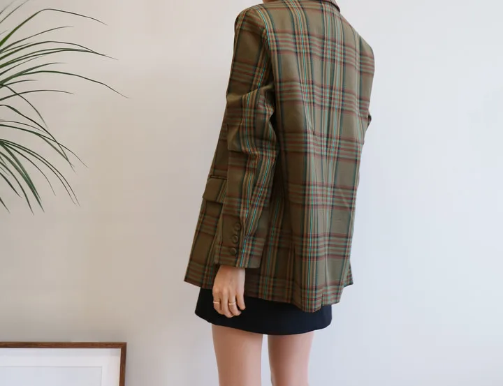 Женский винтажный двубортный блейзер в клетку куртка с карманами женское