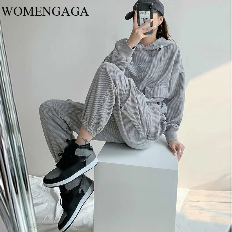 

WOMENGAGA Chaoku Girl's Multi Pocket Overalls Drawstring Leggings Sports Pants Long Sleeve Hooded Sweatshirt Two Pieces Set WF99