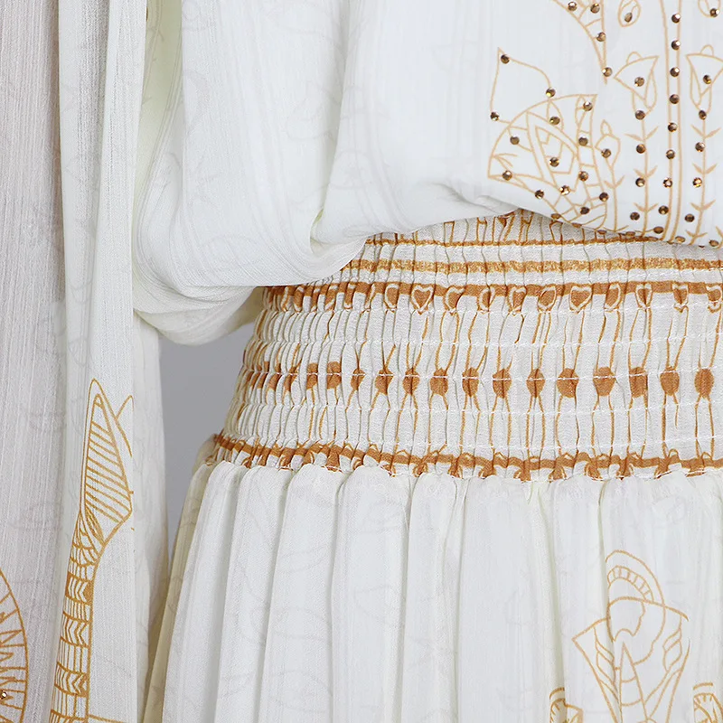 

3D Winter Ladies Chiffon Printing Embroidery One Shoulder Pleated Dress 2021New Ladies Fashion Retro Elegant Party Long Dress XL