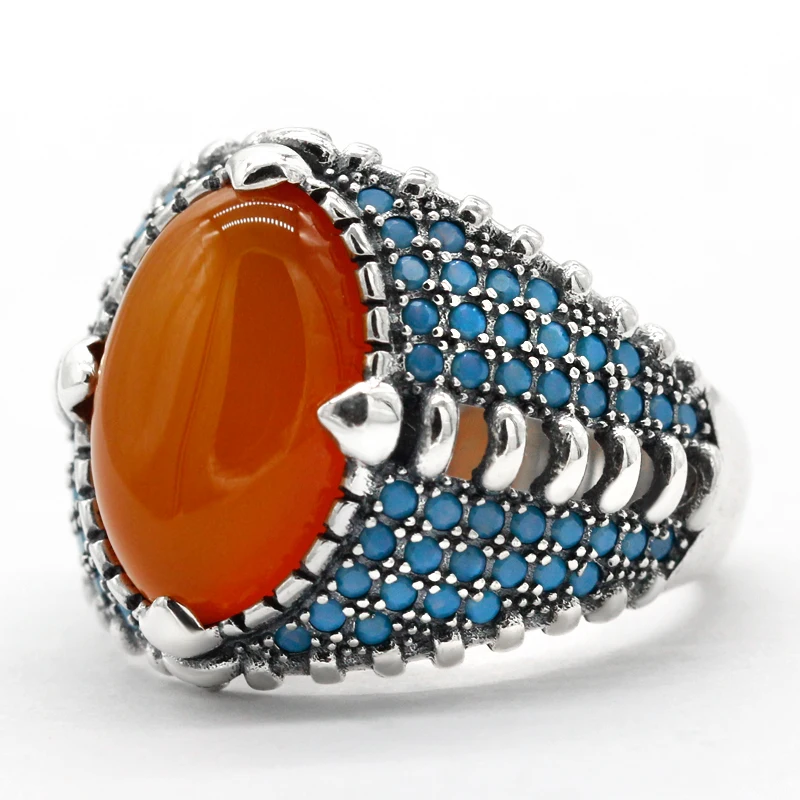 

New 925 sterling silver ring men's red agate ring with turquoise men's high jewelry