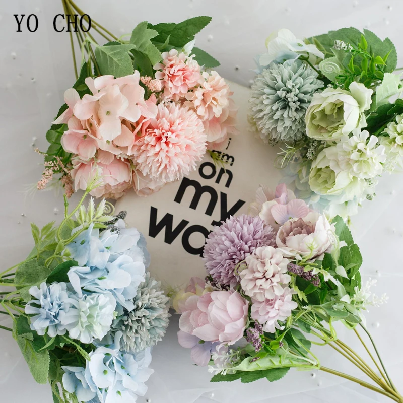 

YO CHO Artificial Flower 7 Heads Silk Rose Hydrangea Mixed Bouquet Fake Peony Flower Mini Bouquet Wedding Home Party Decorations