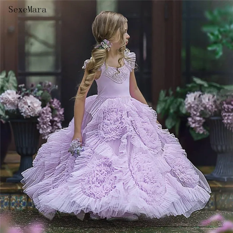 Cute Flower Girl Dresses For Wedding Spaghetti Lace Floral Appliques Tiered Girls Pageant Dress A Line Kids Birthday Gown