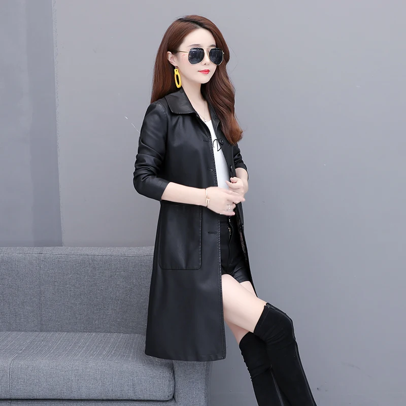 Модные женские Куртки из искусственной кожи 2020 зимние осенние длинные черные