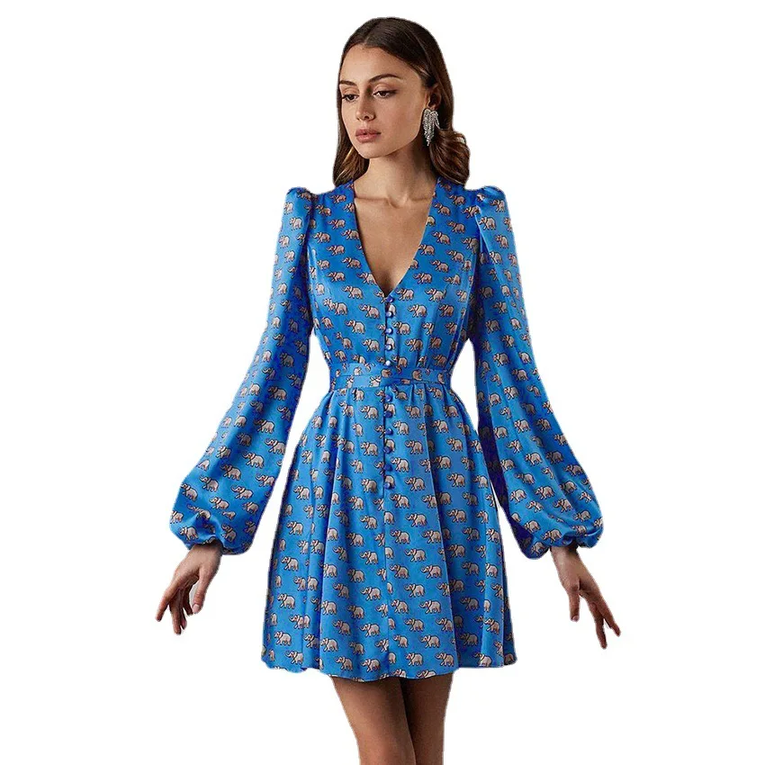 

2021 Spring New V-neck Lantern Sleeve Satin Printed Dress Women's Sexy Short Skirt Lace-up Waist A- line Skirt