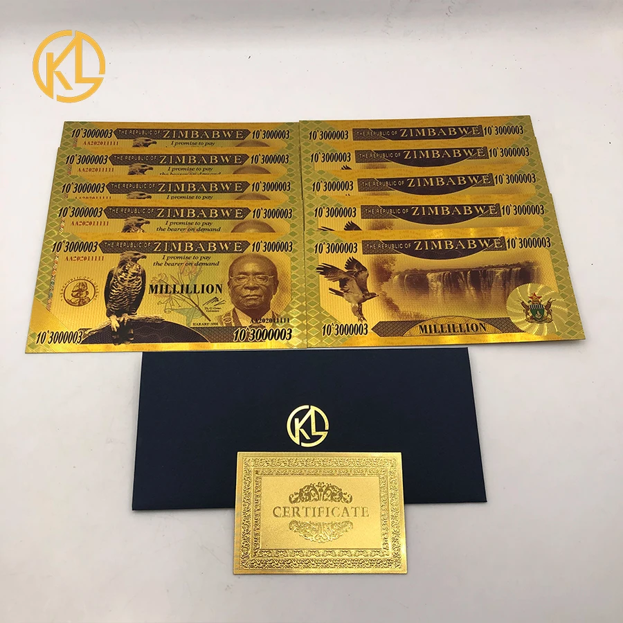 

10pcs/lot New Zimbabwe Millillion Dollars 30000003 ZEROS Gold 999999 Plastic Banknotes with certificate