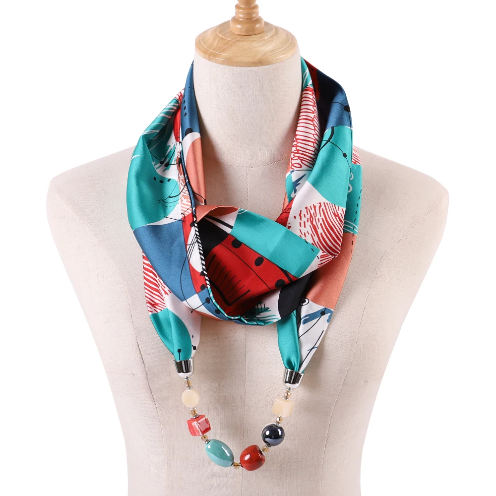 

Luxury Brand Acrylic Jewelry Pendant Necklace Silk Scarf For Women Shell Style Bullet Alloy Hijabs Female Scarves Accessories