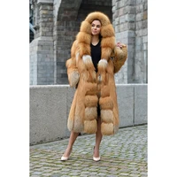 fursarcar new full pelt real fur jacket women winter natural gold fox fur outwear with hood 110cm long thick fur coat