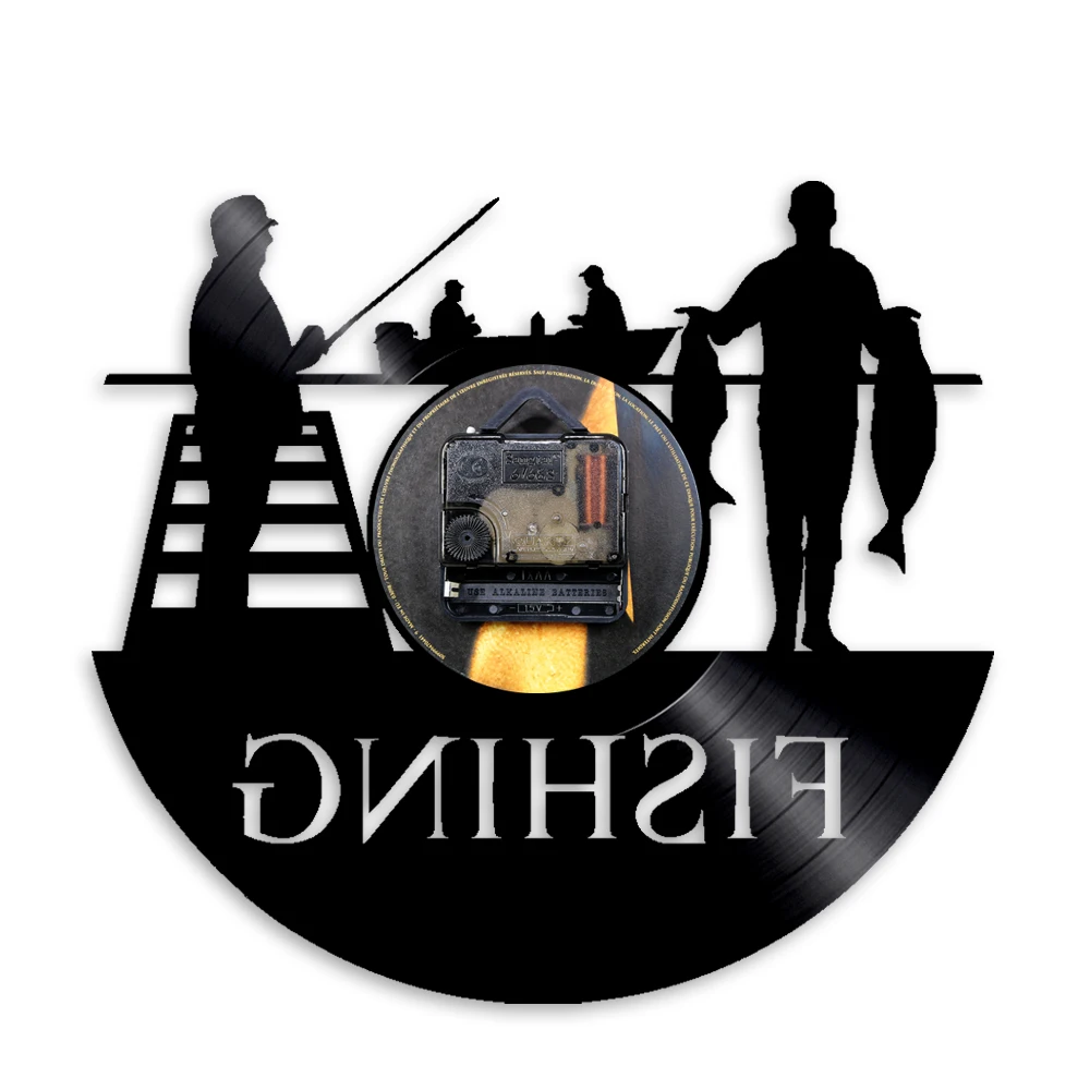 Винтажные настенные часы Go Fishing виниловые украшения с силуэтами рыбаков и удочек