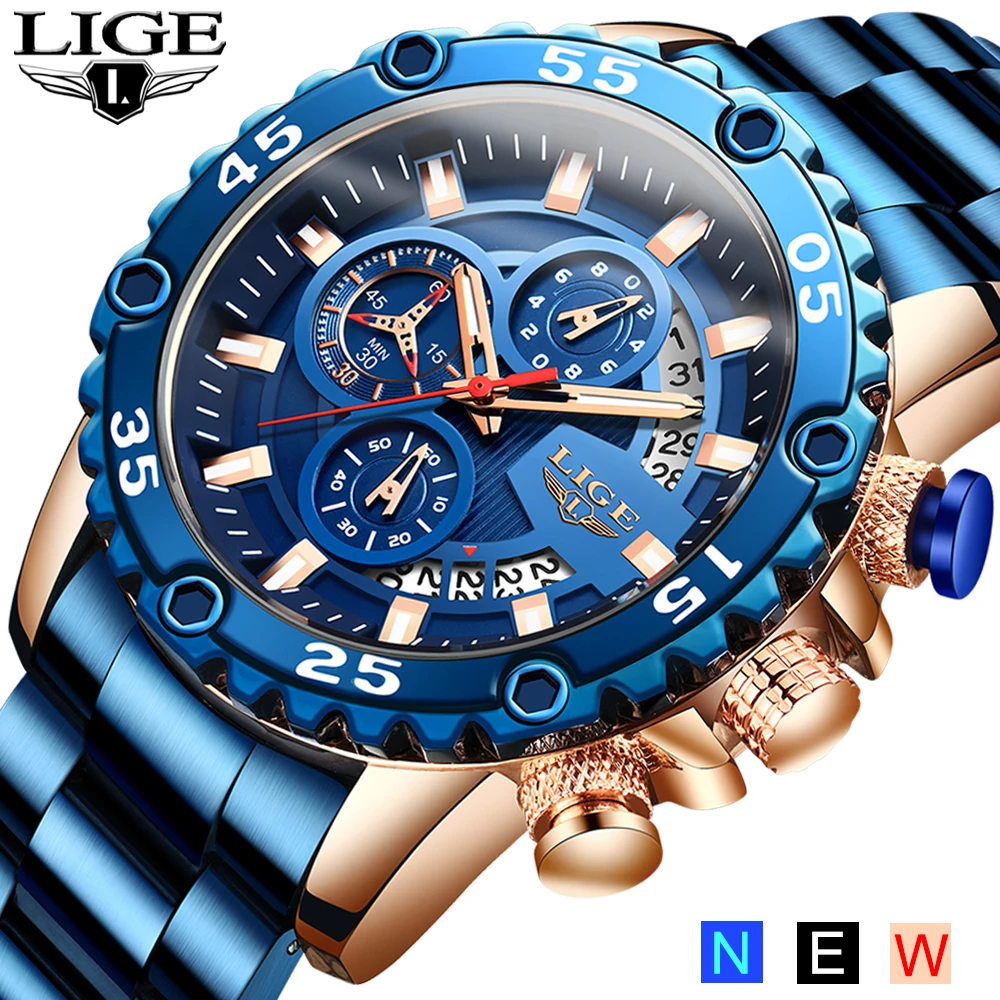 Reloj Hombre 2020 LIGE модные мужские часы Роскошные спортивные полностью стальные синие